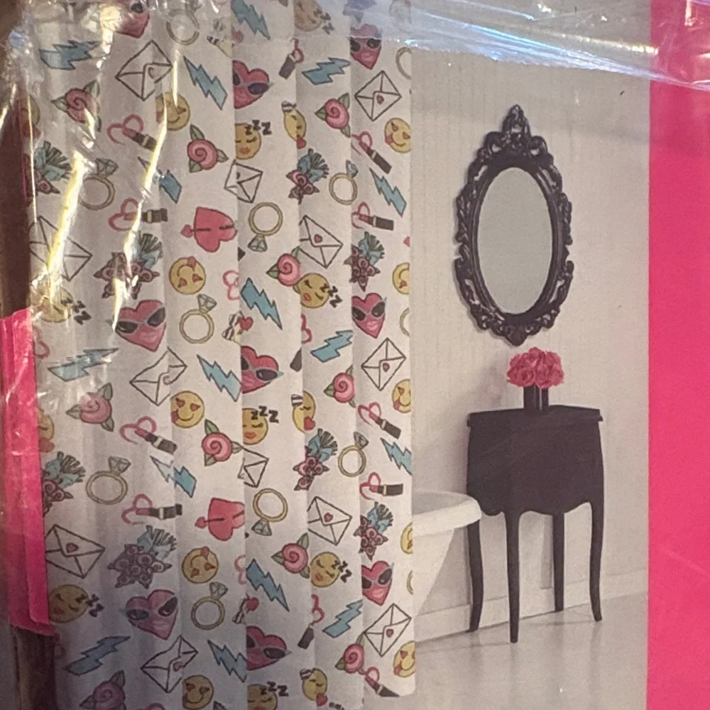 Betsey Johnson Fun Emoji Shower Curtain - Pink, Yellow, Black